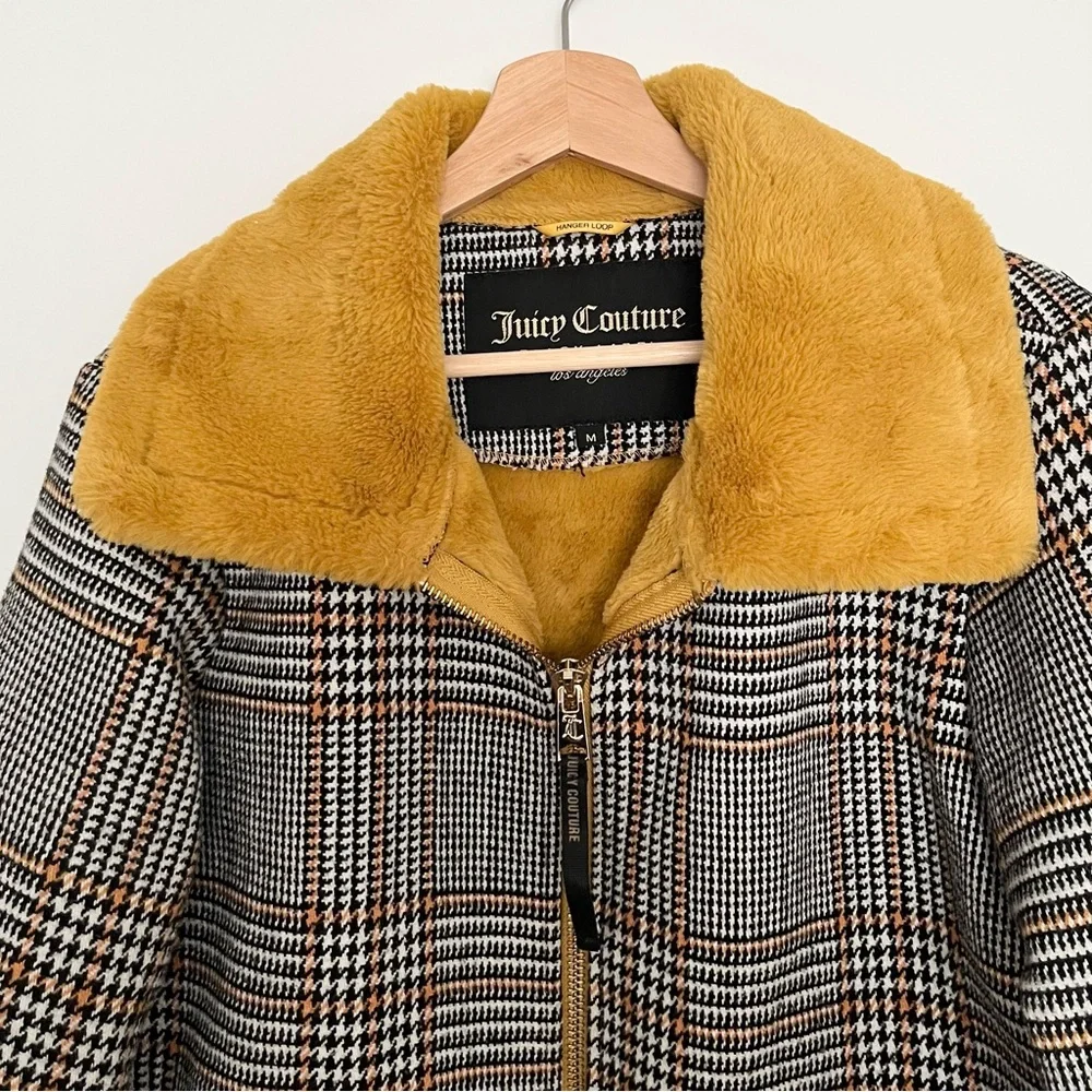 Juicy Couture Black Label Women's Houndstooth Coat Fur Size M Black White Y2K - Picture 3 of 6